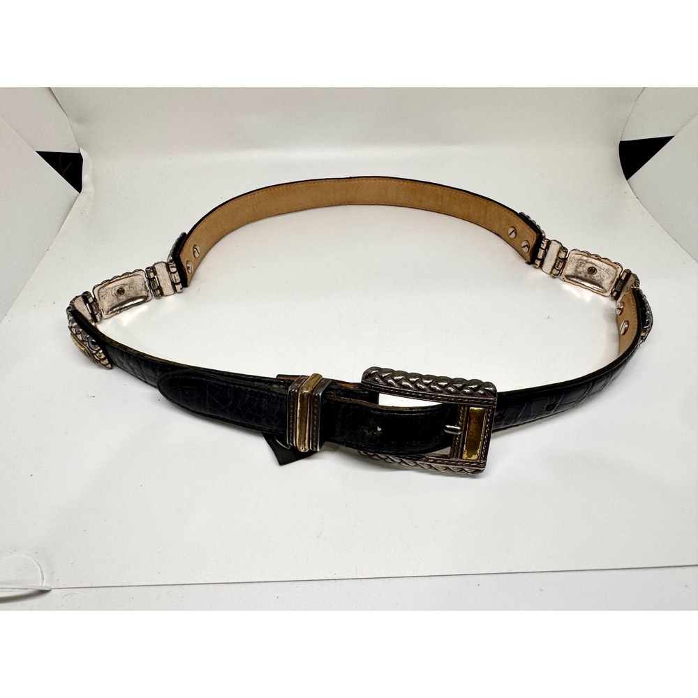Brighton Vintage Western Black Croc Leather Mixed Metal Belt M 44203 USA